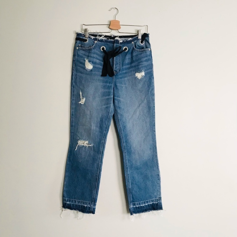 Express Straight Ankle High Rise Ribbon Jeans - Picture 2 of 10